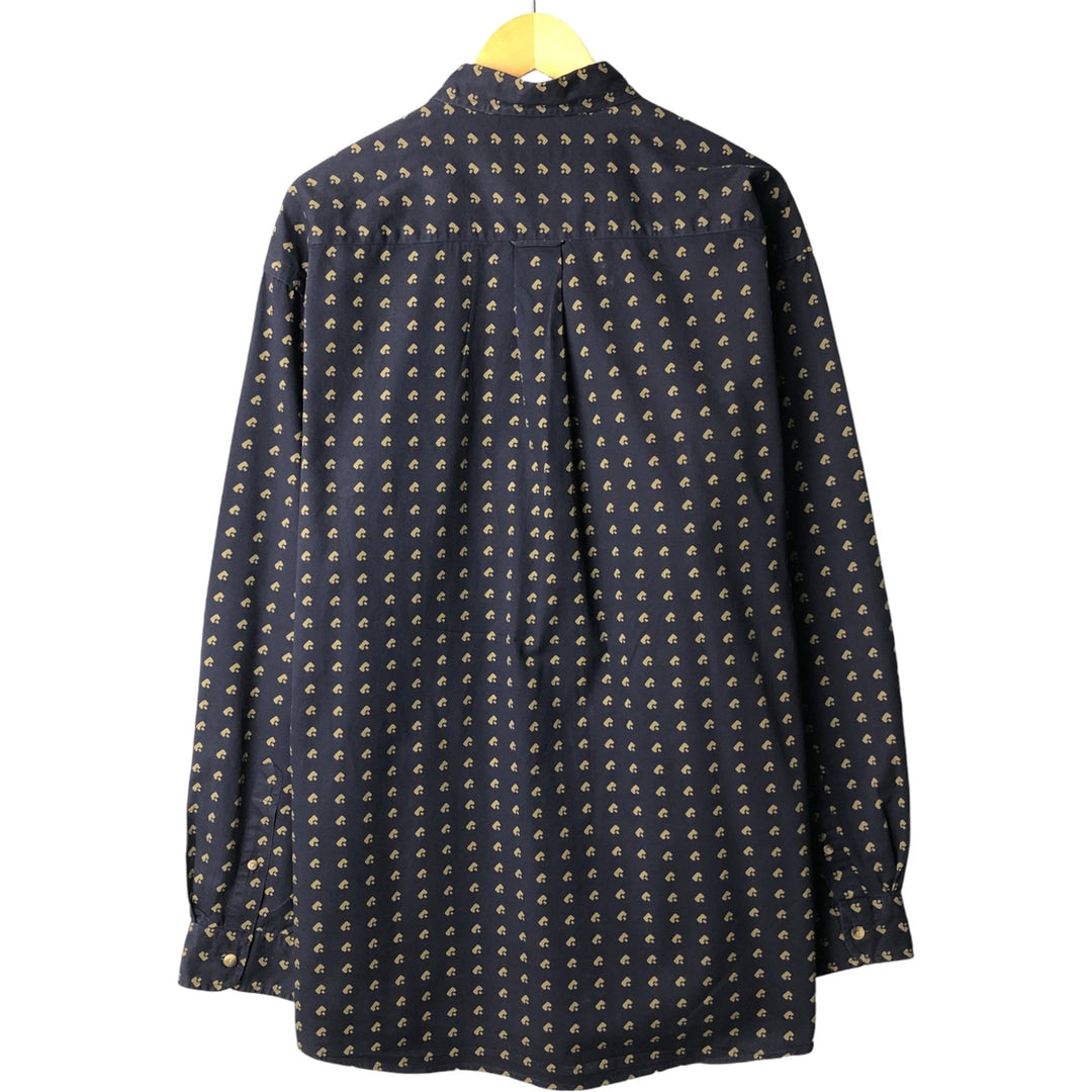 90s-00'S Nautica all-over print long-sleeve button-down shirt, men's size XL cotton navy blue type Vintage Second Hand