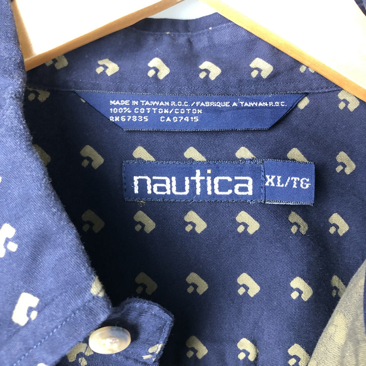 90s-00'S Nautica all-over print long-sleeve button-down shirt, men's size XL cotton navy blue type Vintage Second Hand