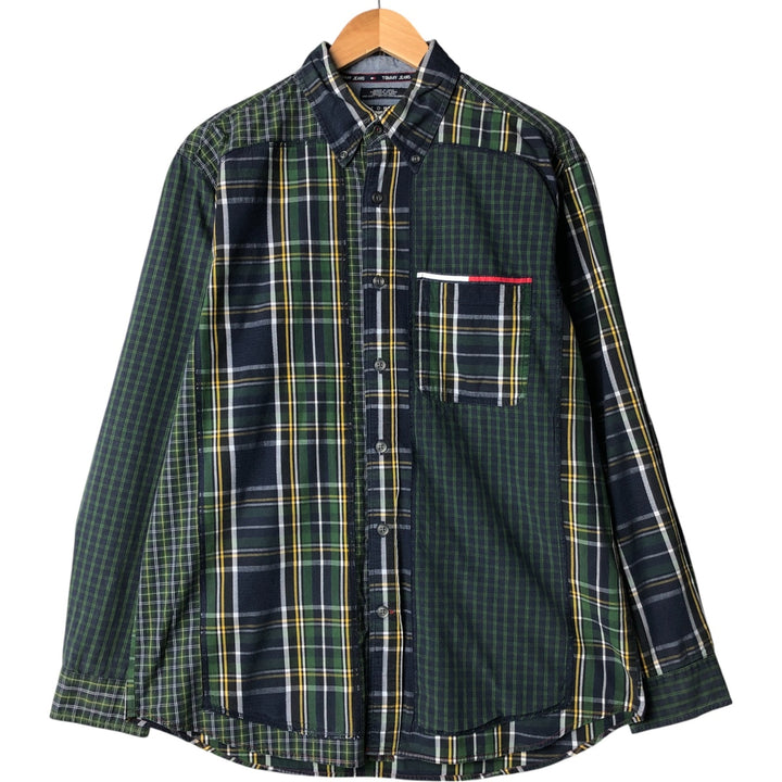 Tommy Hilfiger Jeans Patchwork Crazy Pattern Long Sleeve Button-Down Check Shirt, Men's Size Medium cotton navy blue type Vintage Second Hand