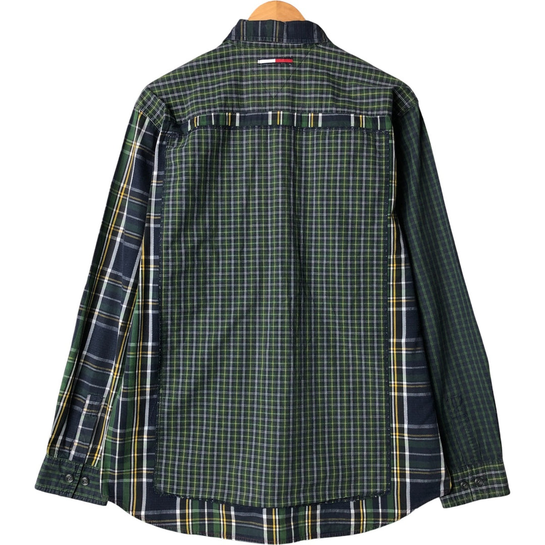 Tommy Hilfiger Jeans Patchwork Crazy Pattern Long Sleeve Button-Down Check Shirt, Men's Size Medium cotton navy blue type Vintage Second Hand