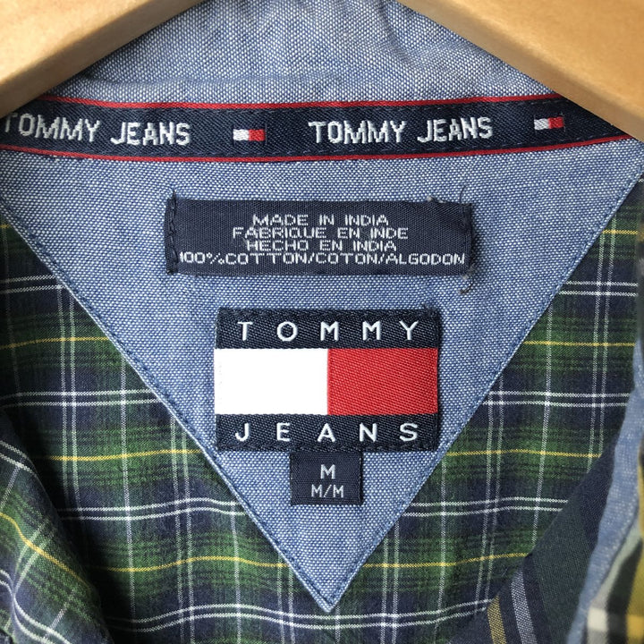 Tommy Hilfiger Jeans Patchwork Crazy Pattern Long Sleeve Button-Down Check Shirt, Men's Size Medium cotton navy blue type Vintage Second Hand