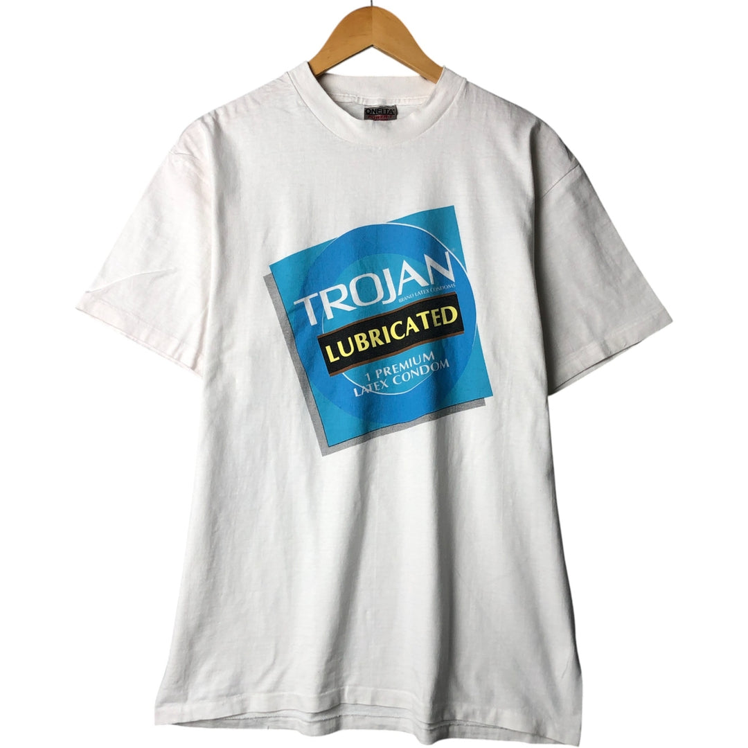 90'S ONEITA TROJAN Advertising T-shirt, Men's L size, Vintage cotton white type Vintage Second Hand