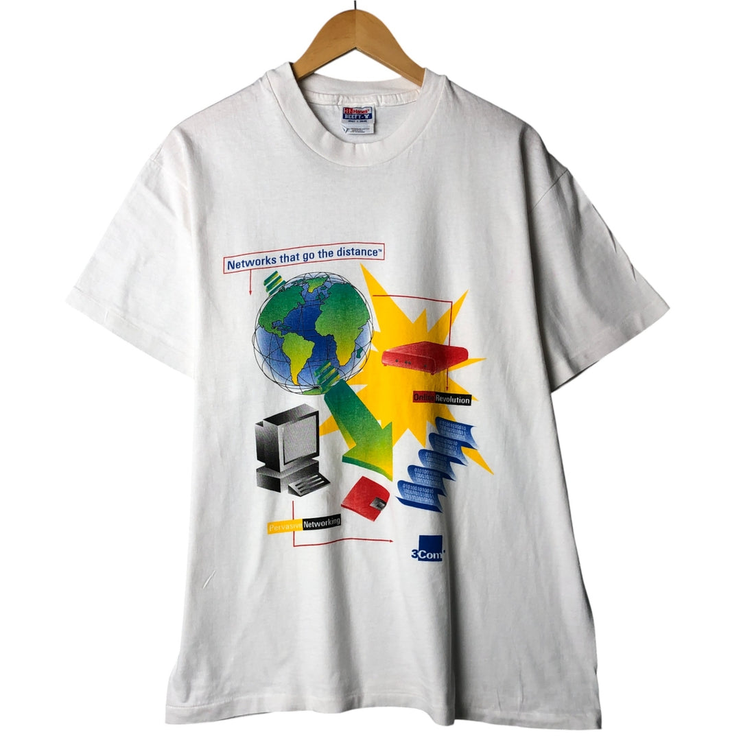 Vintage 90'S Hanes 3COM Advertising T-Shirt, Made in USA, Men's Size L cotton white type Vintage Second Hand