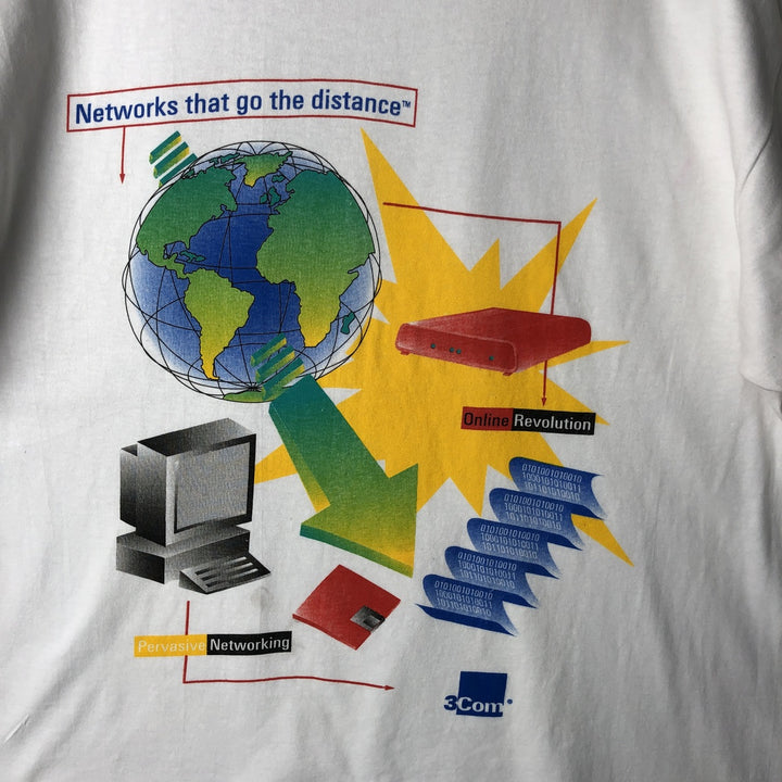 Vintage 90'S Hanes 3COM Advertising T-Shirt, Made in USA, Men's Size L cotton white type Vintage Second Hand