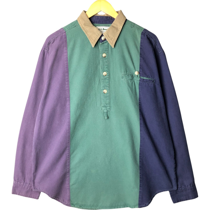 Vintage 80s-90'S LLBean half-button pullover long-sleeve cotton shirt, size M, men's cotton green type Vintage Second Hand