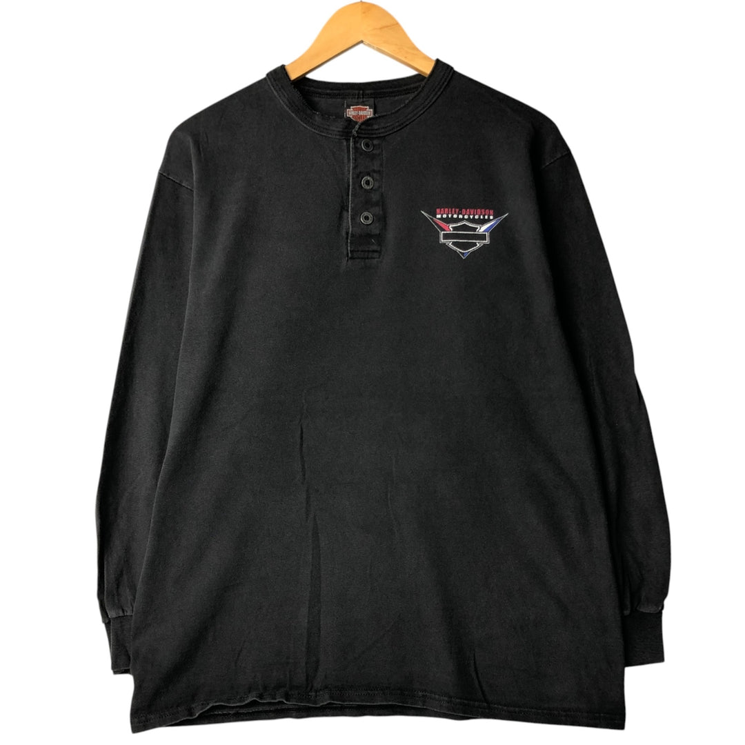 00'S Harley-Davidson Henley neck long T-shirt, made in the USA, men's size L cotton black type Vintage Second Hand