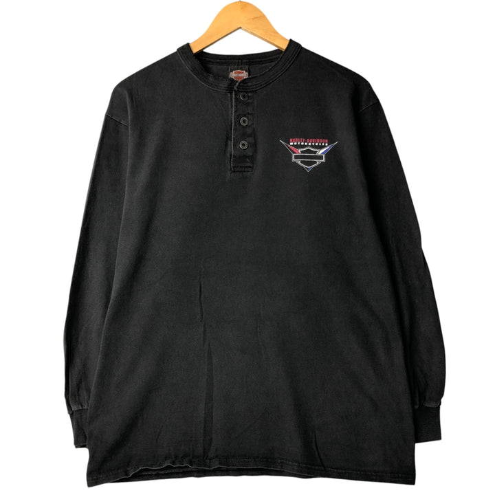 00'S Harley-Davidson Henley neck long T-shirt, made in the USA, men's size L cotton black type Vintage Second Hand