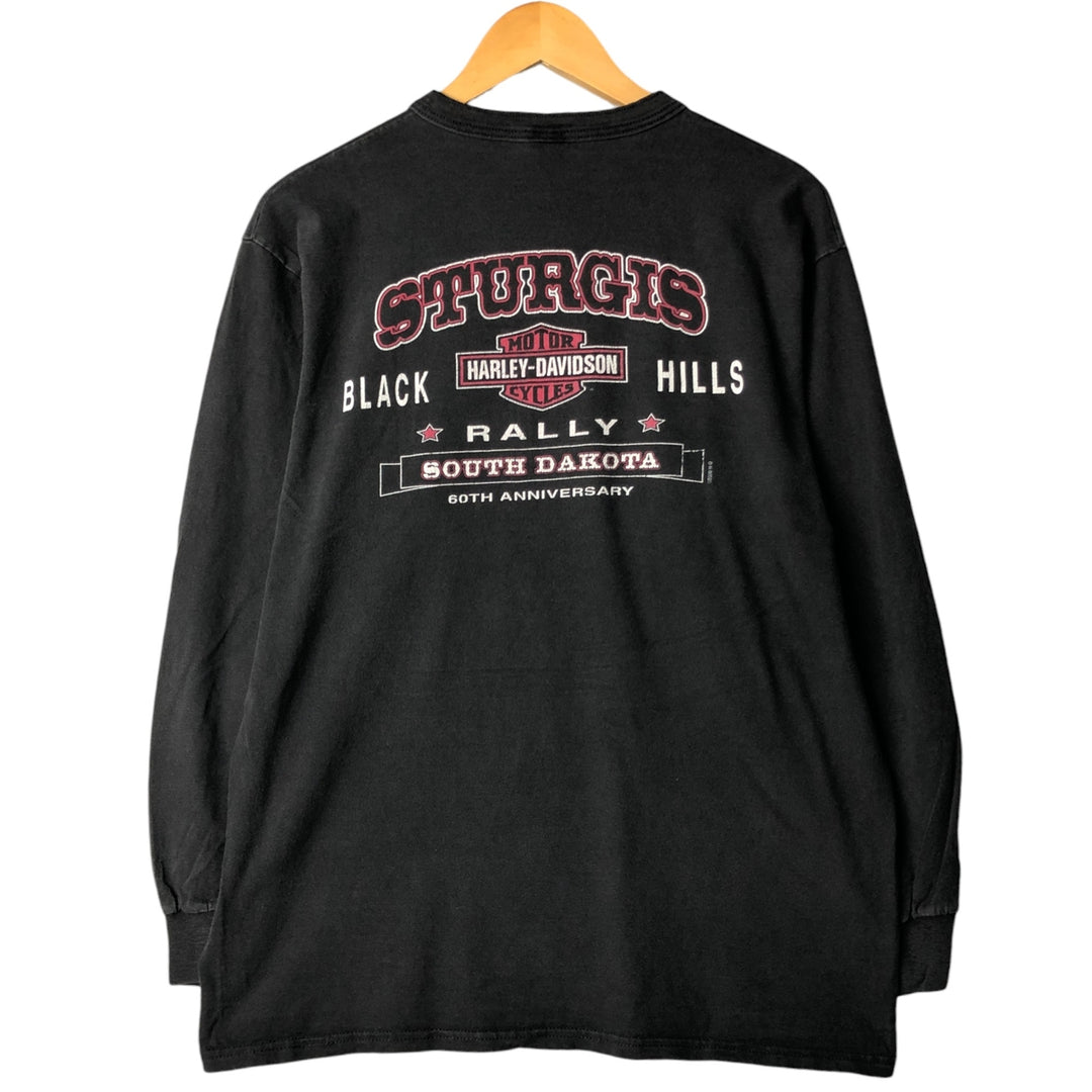 00'S Harley-Davidson Henley neck long T-shirt, made in the USA, men's size L cotton black type Vintage Second Hand