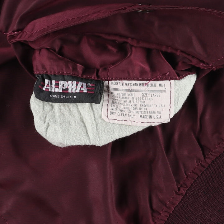 80s-90'S Civilian Alpha MA-1 Style Padded Military Flight Jacket, Made in USA, Men's Size L Nylon wine-red Vintage Second Hand