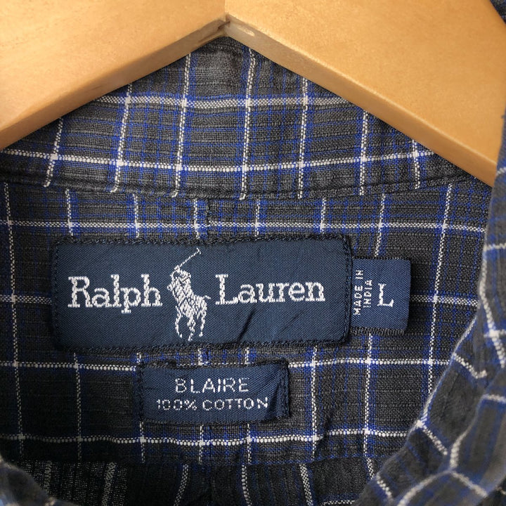 Ralph Lauren BLAIRE short sleeve button down check shirt, men's size L cotton blue type Vintage Second Hand
