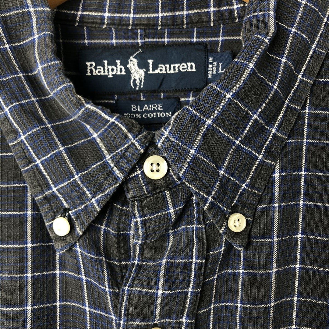 Ralph Lauren BLAIRE short sleeve button down check shirt, men's size L cotton blue type Vintage Second Hand