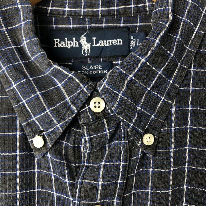 Ralph Lauren BLAIRE short sleeve button down check shirt, men's size L cotton blue type Vintage Second Hand