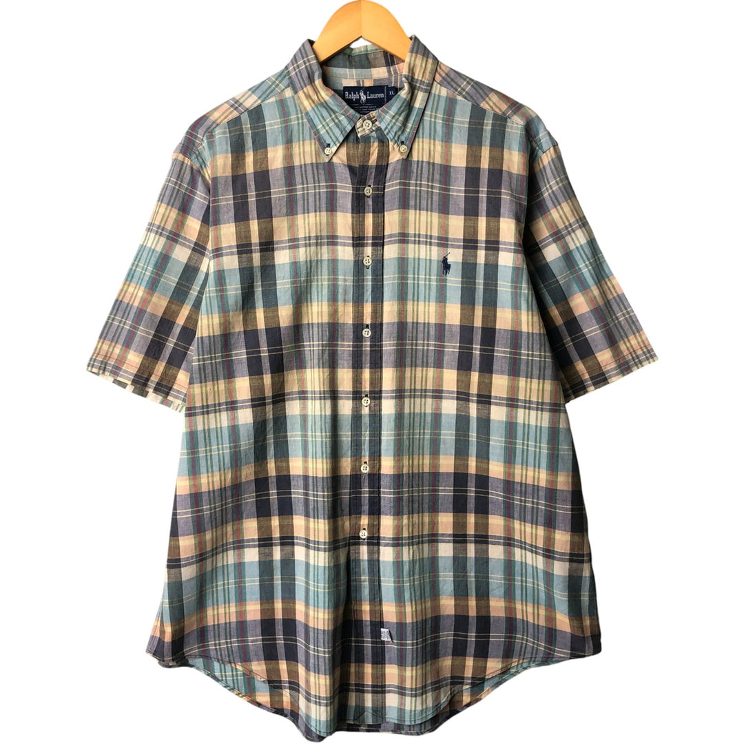 Ralph Lauren short sleeve button down check shirt, men's XL size cotton Blue type light blue Vintage Second Hand