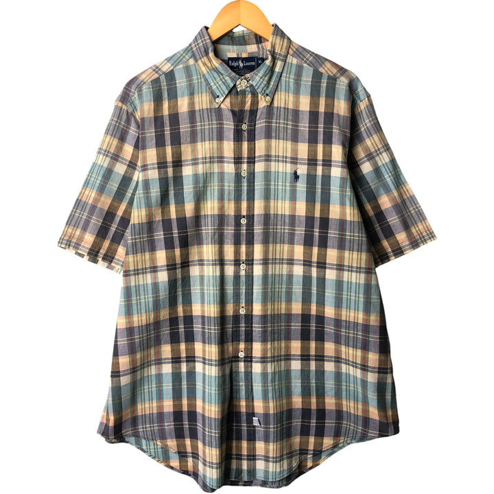 Ralph Lauren short sleeve button down check shirt, men's XL size cotton Blue type light blue Vintage Second Hand