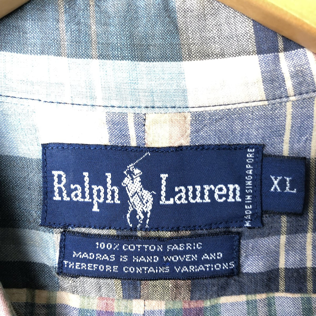 Ralph Lauren short sleeve button down check shirt, men's XL size cotton Blue type light blue Vintage Second Hand