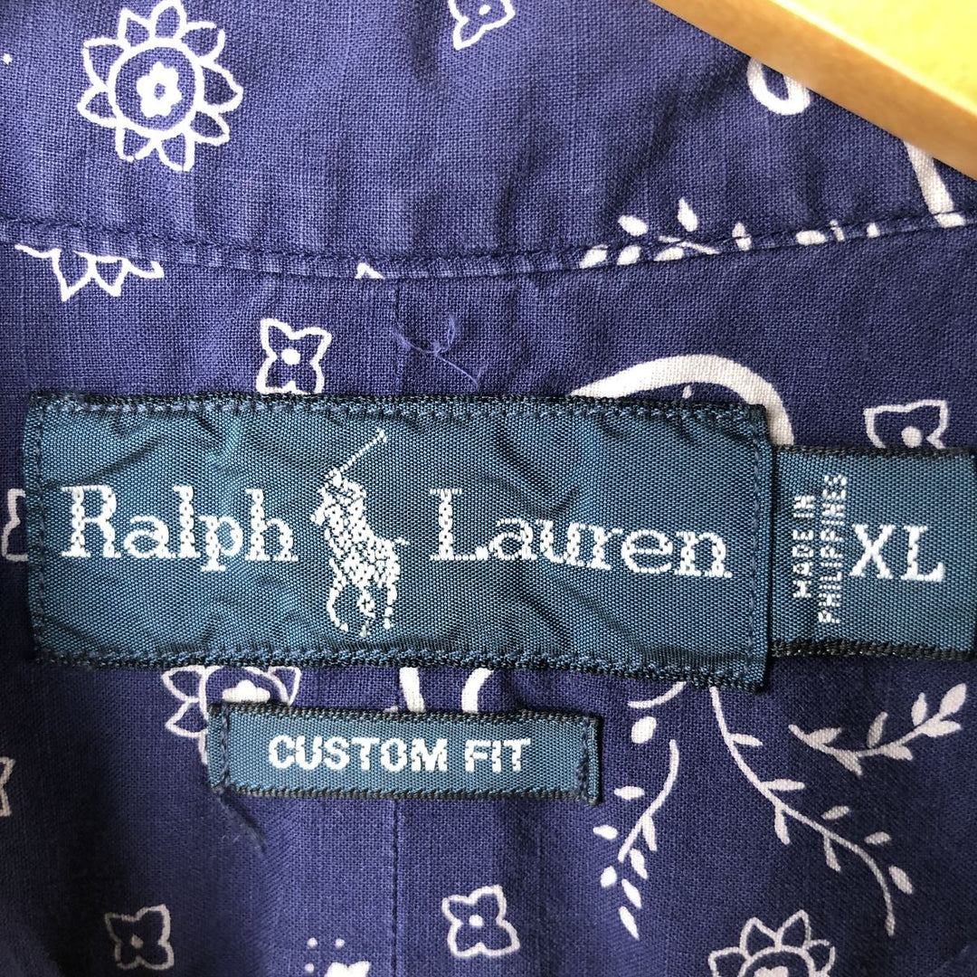 Ralph Lauren Custom Fit Paisley Pattern Short Sleeve Button-Down Shirt, Men's Size XL cotton navy blue type Vintage Second Hand