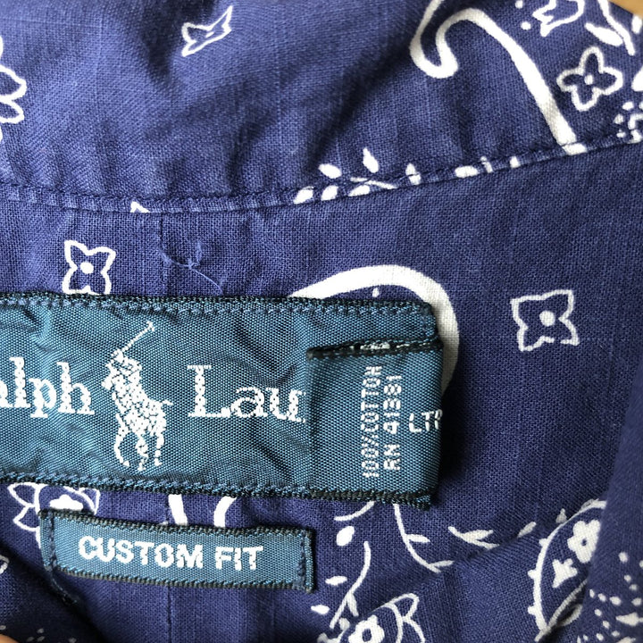 Ralph Lauren Custom Fit Paisley Pattern Short Sleeve Button-Down Shirt, Men's Size XL cotton navy blue type Vintage Second Hand