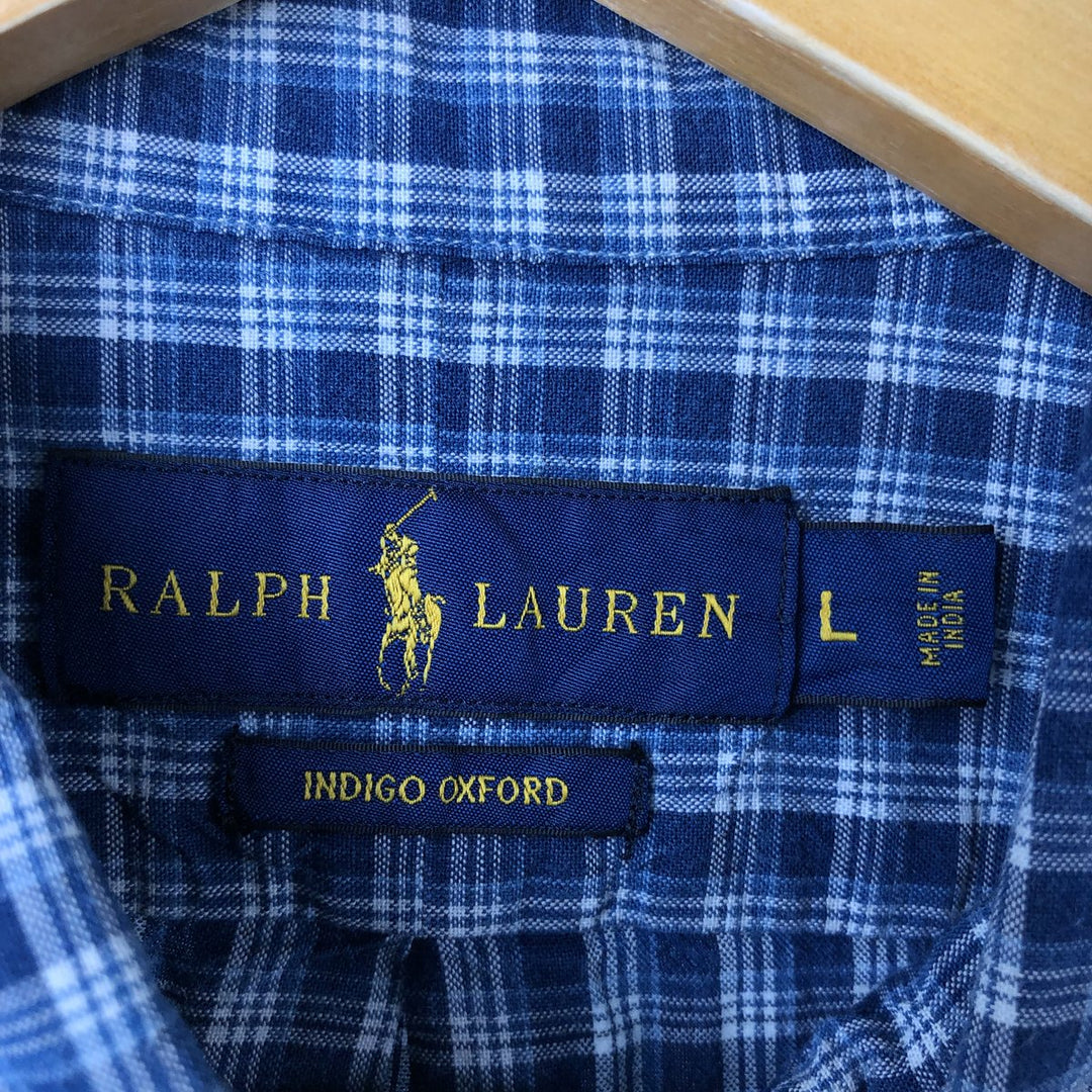 Ralph Lauren INDIGO OXFORD short sleeve button down check shirt men's size L cotton blue type Vintage Second Hand