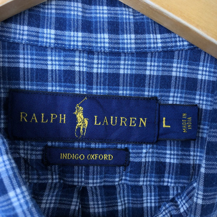 Ralph Lauren INDIGO OXFORD short sleeve button down check shirt men's size L cotton blue type Vintage Second Hand