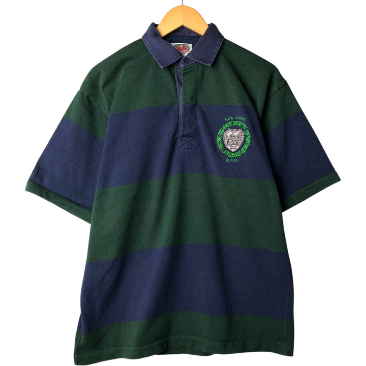 BARBARIAN Border Pattern Short Sleeve Rugby Shirt Men's Size L cotton navy blue type Vintage Second Hand