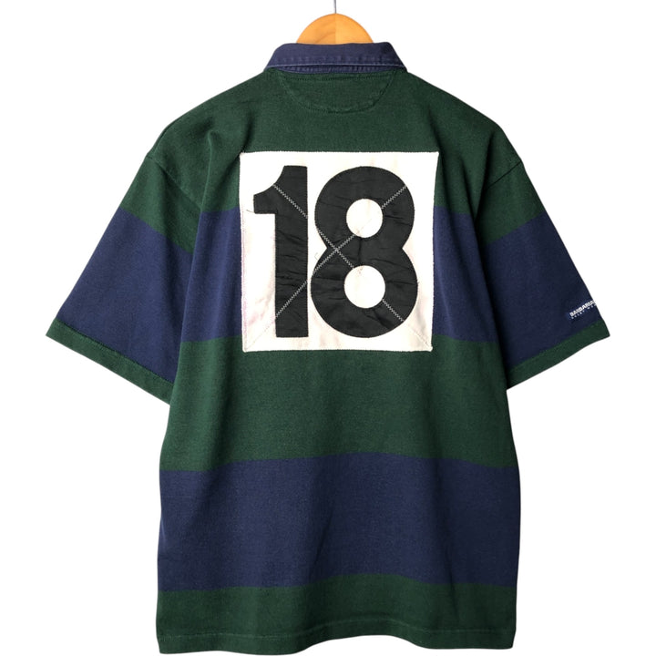 BARBARIAN Border Pattern Short Sleeve Rugby Shirt Men's Size L cotton navy blue type Vintage Second Hand