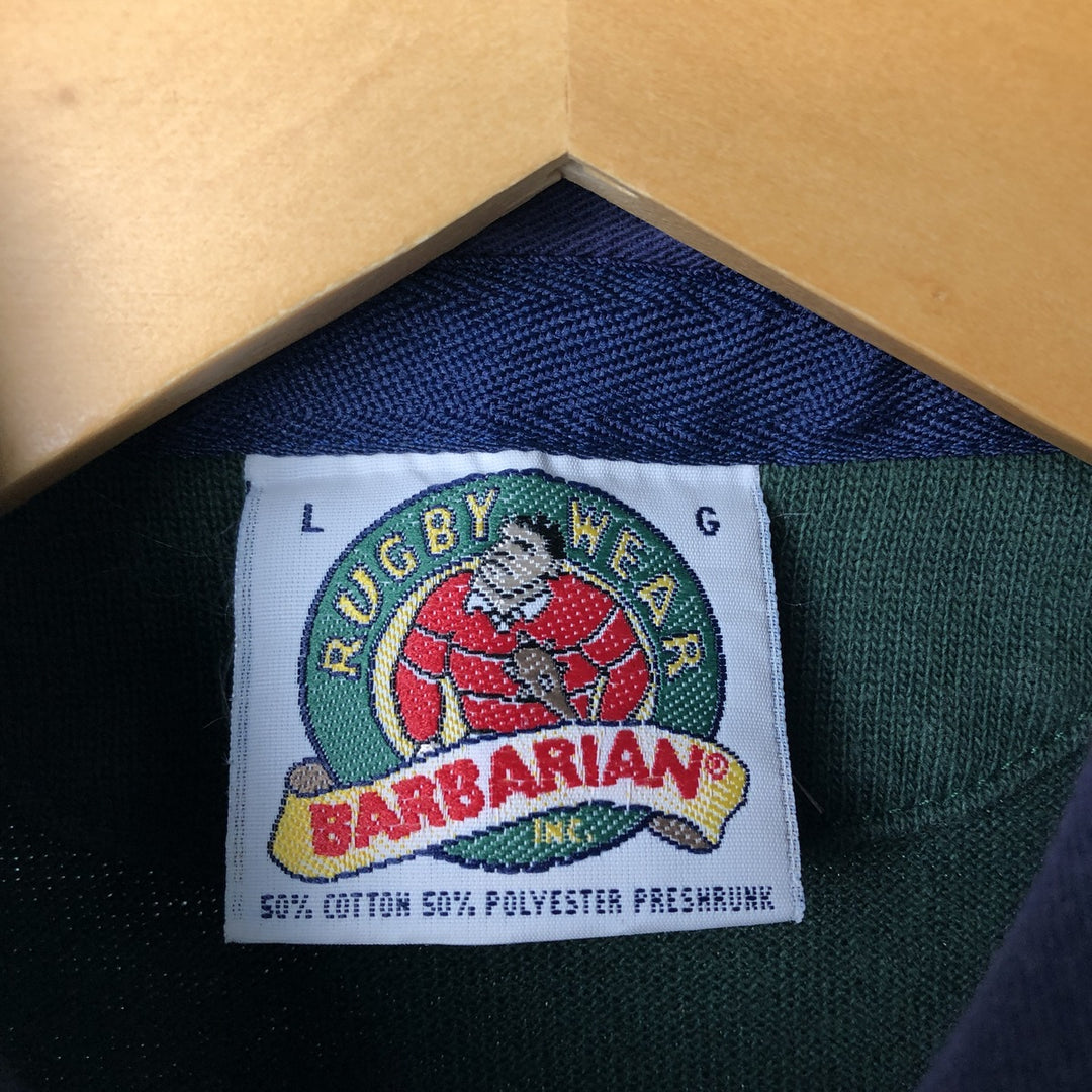 BARBARIAN Border Pattern Short Sleeve Rugby Shirt Men's Size L cotton navy blue type Vintage Second Hand