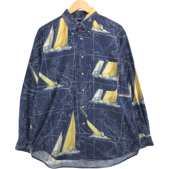 Vintage 90s-00'S Nautica all-over print long-sleeve button-down shirt, men's size XL cotton navy blue type Vintage Second Hand