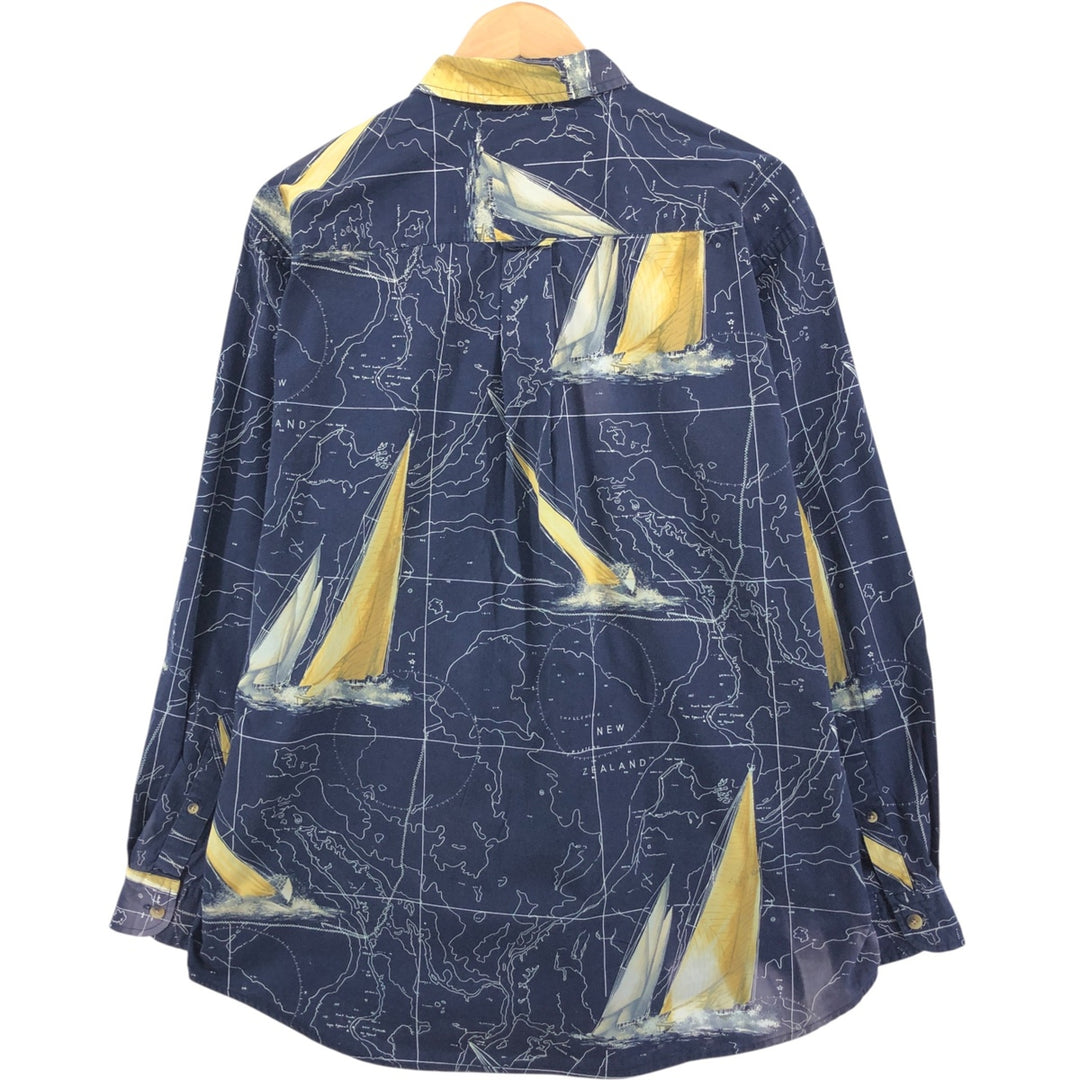 Vintage 90s-00'S Nautica all-over print long-sleeve button-down shirt, men's size XL cotton navy blue type Vintage Second Hand