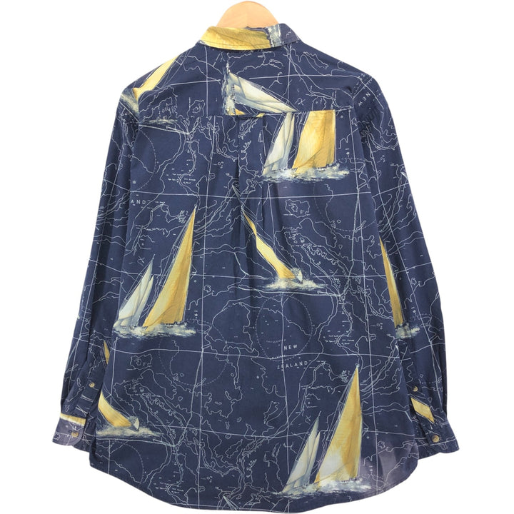 Vintage 90s-00'S Nautica all-over print long-sleeve button-down shirt, men's size XL cotton navy blue type Vintage Second Hand