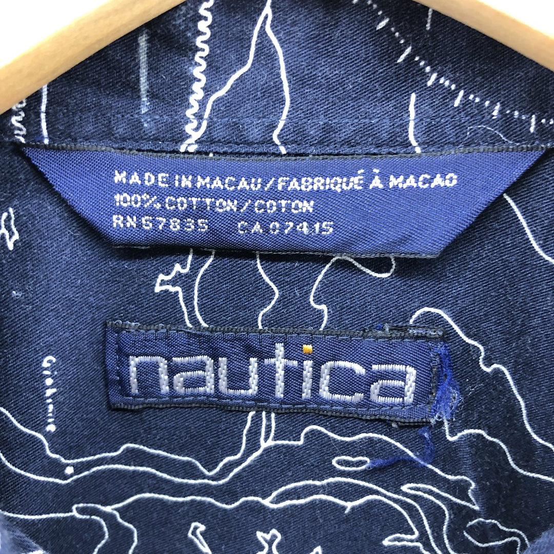 Vintage 90s-00'S Nautica all-over print long-sleeve button-down shirt, men's size XL cotton navy blue type Vintage Second Hand