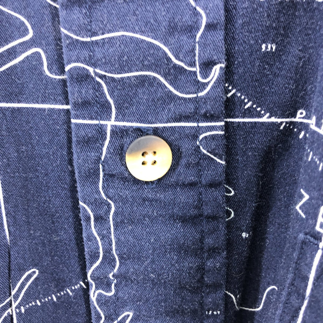 Vintage 90s-00'S Nautica all-over print long-sleeve button-down shirt, men's size XL cotton navy blue type Vintage Second Hand