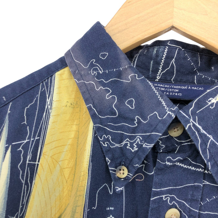 Vintage 90s-00'S Nautica all-over print long-sleeve button-down shirt, men's size XL cotton navy blue type Vintage Second Hand
