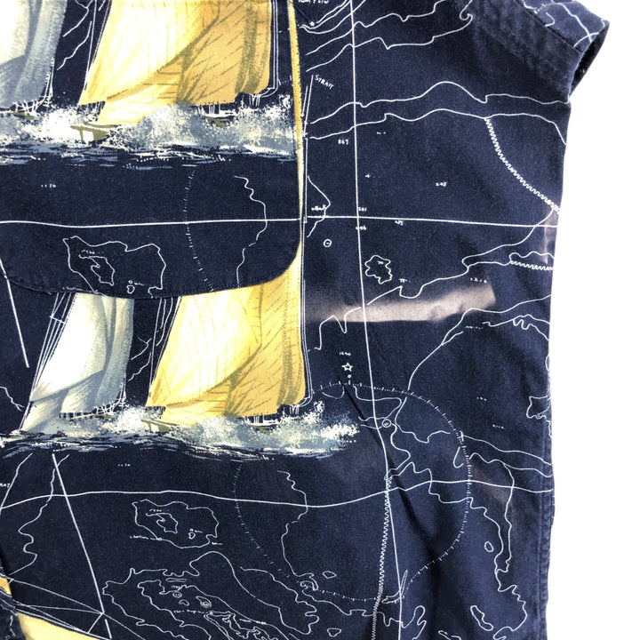 Vintage 90s-00'S Nautica all-over print long-sleeve button-down shirt, men's size XL cotton navy blue type Vintage Second Hand