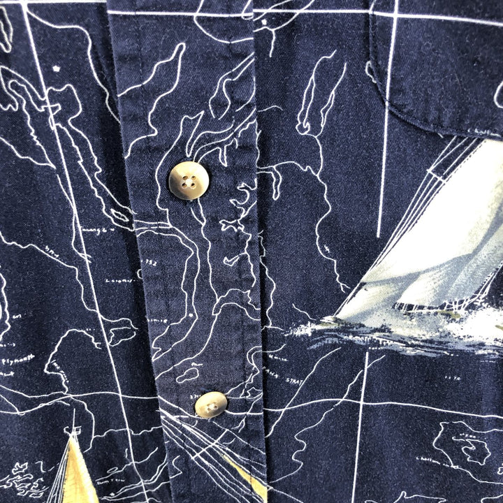 Vintage 90s-00'S Nautica all-over print long-sleeve button-down shirt, men's size XL cotton navy blue type Vintage Second Hand