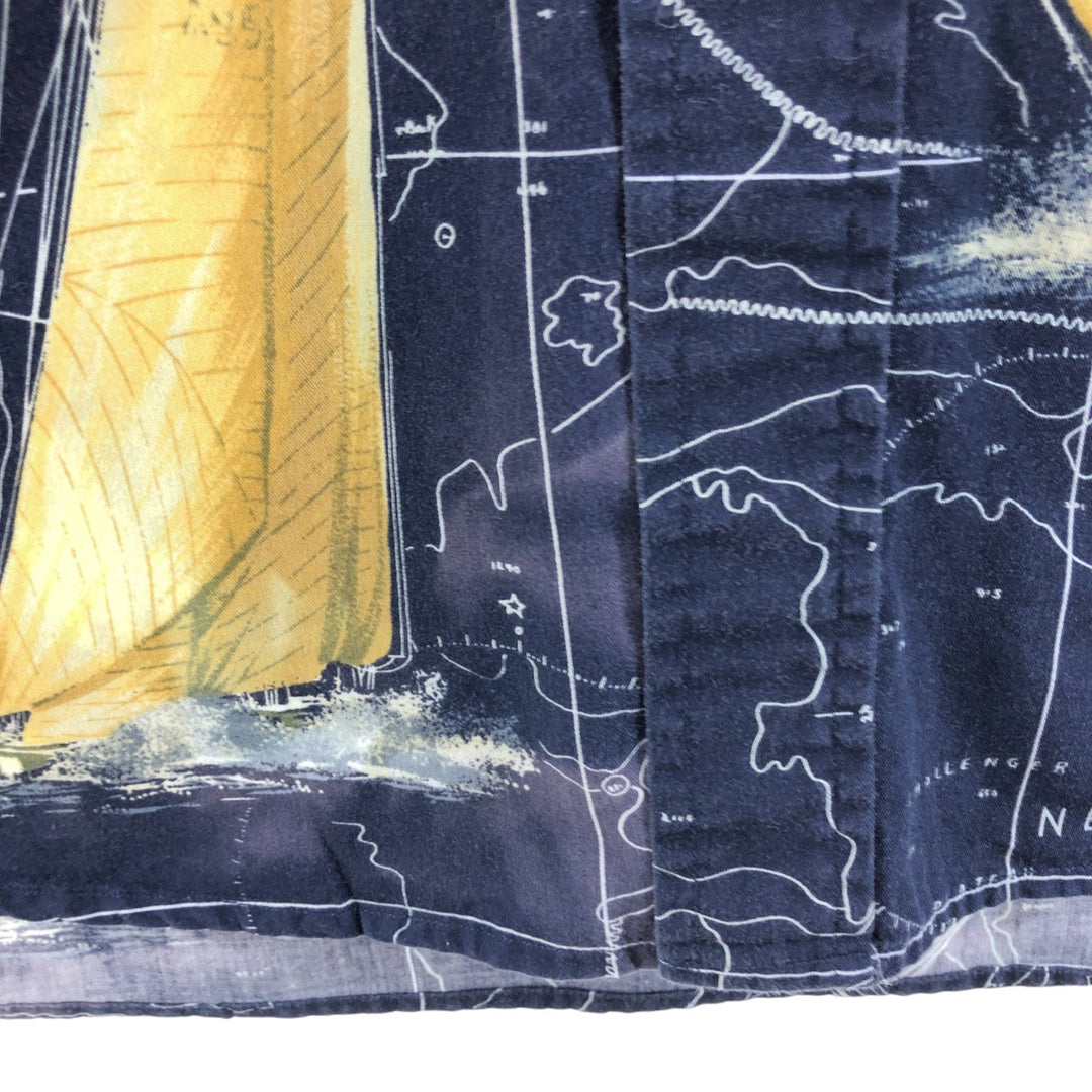 Vintage 90s-00'S Nautica all-over print long-sleeve button-down shirt, men's size XL cotton navy blue type Vintage Second Hand