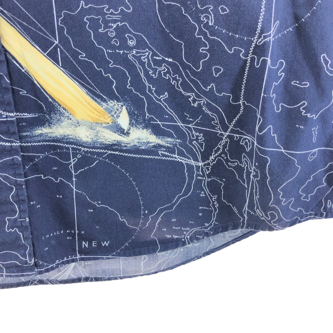 Vintage 90s-00'S Nautica all-over print long-sleeve button-down shirt, men's size XL cotton navy blue type Vintage Second Hand