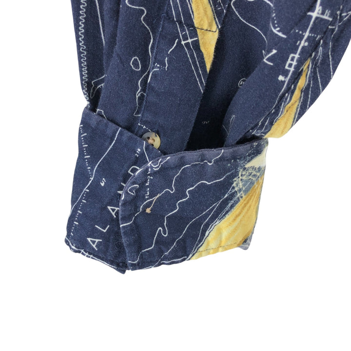 Vintage 90s-00'S Nautica all-over print long-sleeve button-down shirt, men's size XL cotton navy blue type Vintage Second Hand