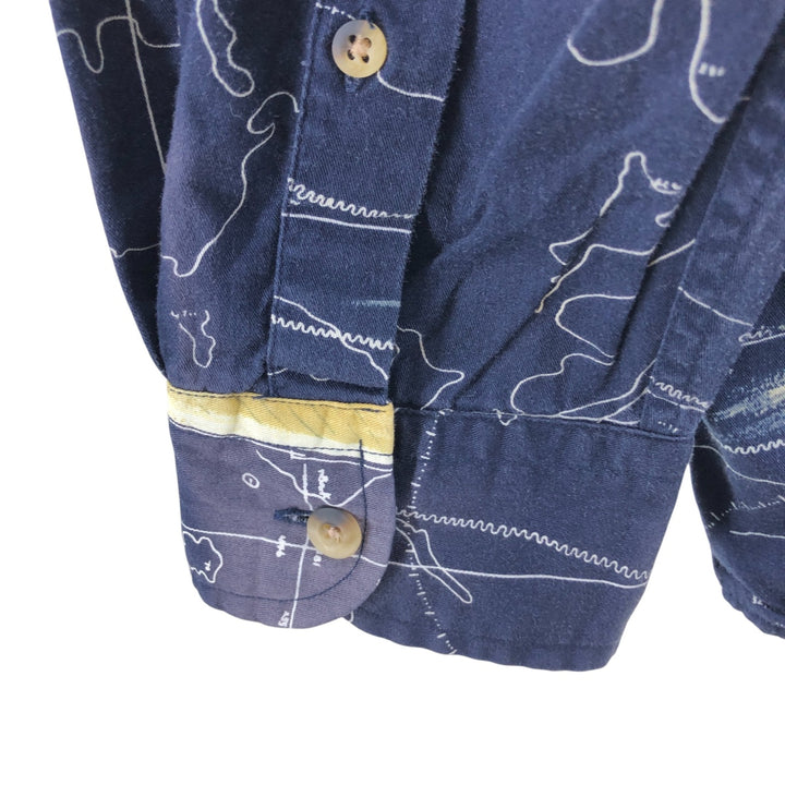 Vintage 90s-00'S Nautica all-over print long-sleeve button-down shirt, men's size XL cotton navy blue type Vintage Second Hand