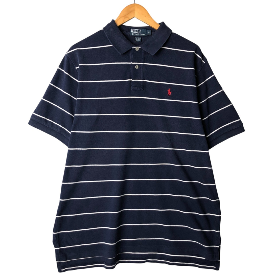 Ralph Lauren POLO by Ralph Lauren short sleeve striped polo shirt, men's XL size cotton navy blue type Vintage Second Hand