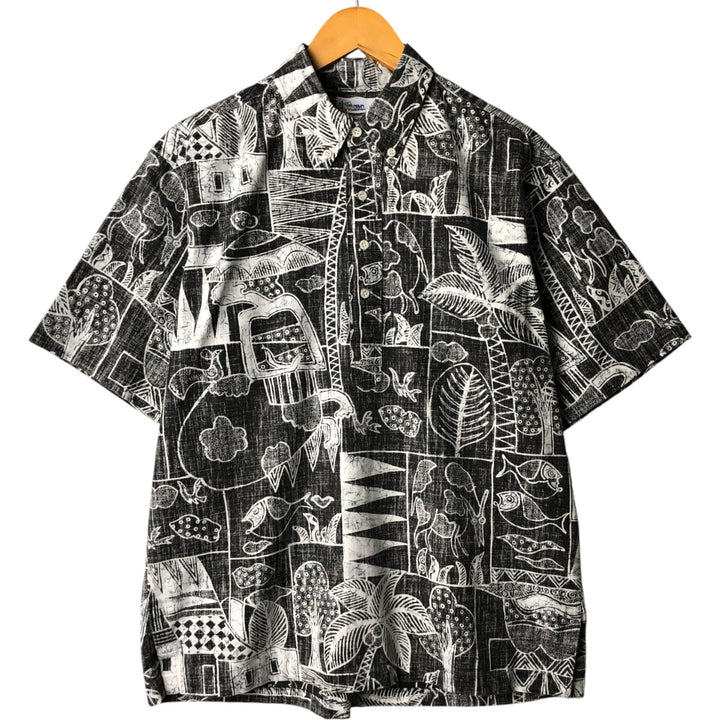 90'S Reyn Spooner Swimsuit Tag Bikini Tag All-over Print Pullover Button-down Aloha Shirt Made in Hawaii Box Shirt cotton black type Vintage Second Hand