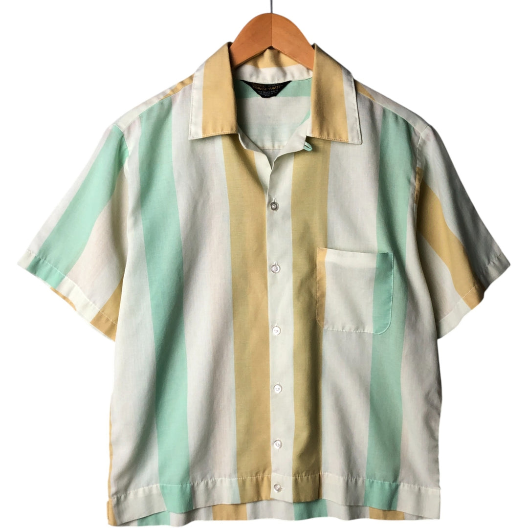 70'S Sears Stripe Pattern Short Sleeve Open Collar Shirt Box Shirt Men's Medium Size Vintage unclear yellow type Vintage Second Hand