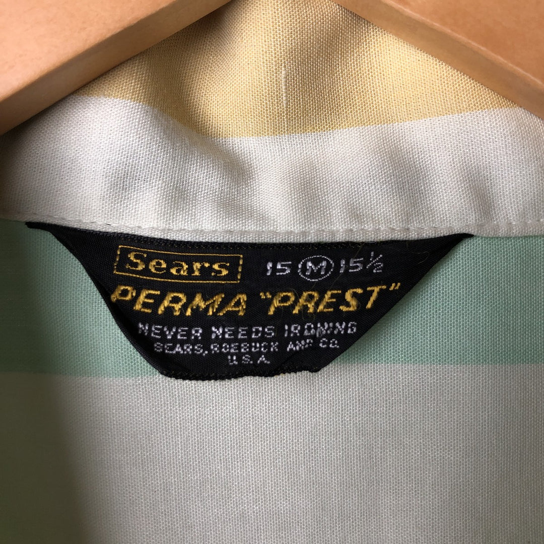 70'S Sears Stripe Pattern Short Sleeve Open Collar Shirt Box Shirt Men's Medium Size Vintage unclear yellow type Vintage Second Hand