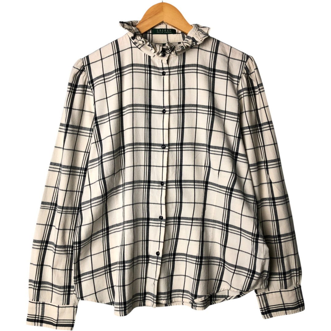 Ralph Lauren Lauren Lauren Check Pattern Ruffle Collar Long Sleeve Ruffle Blouse Women's XL cotton ivory Vintage Second Hand