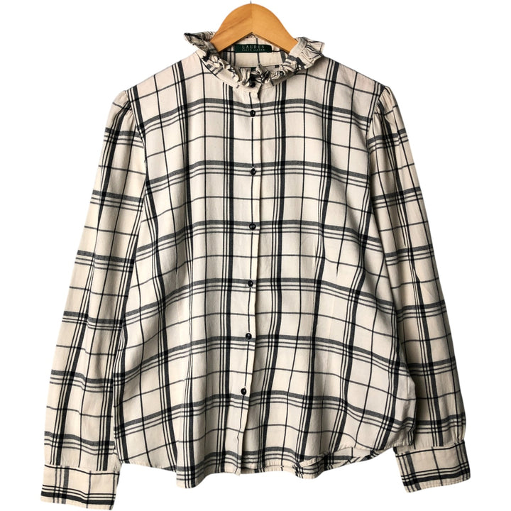 Ralph Lauren Lauren Lauren Check Pattern Ruffle Collar Long Sleeve Ruffle Blouse Women's XL cotton ivory Vintage Second Hand