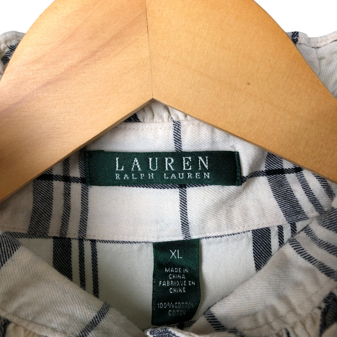 Ralph Lauren Lauren Lauren Check Pattern Ruffle Collar Long Sleeve Ruffle Blouse Women's XL cotton ivory Vintage Second Hand