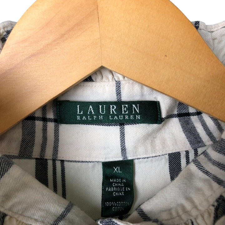 Ralph Lauren Lauren Lauren Check Pattern Ruffle Collar Long Sleeve Ruffle Blouse Women's XL cotton ivory Vintage Second Hand