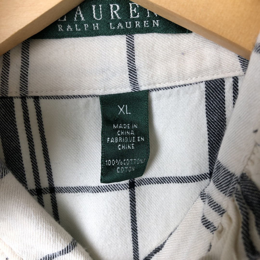 Ralph Lauren Lauren Lauren Check Pattern Ruffle Collar Long Sleeve Ruffle Blouse Women's XL cotton ivory Vintage Second Hand