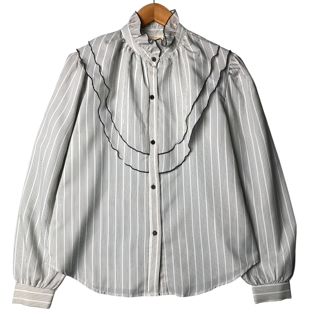 CALIFORNIA Stripe Pattern Stand Collar Yoke Long Sleeve Ruffle Blouse Women's Size Medium unclear gray type Vintage Second Hand