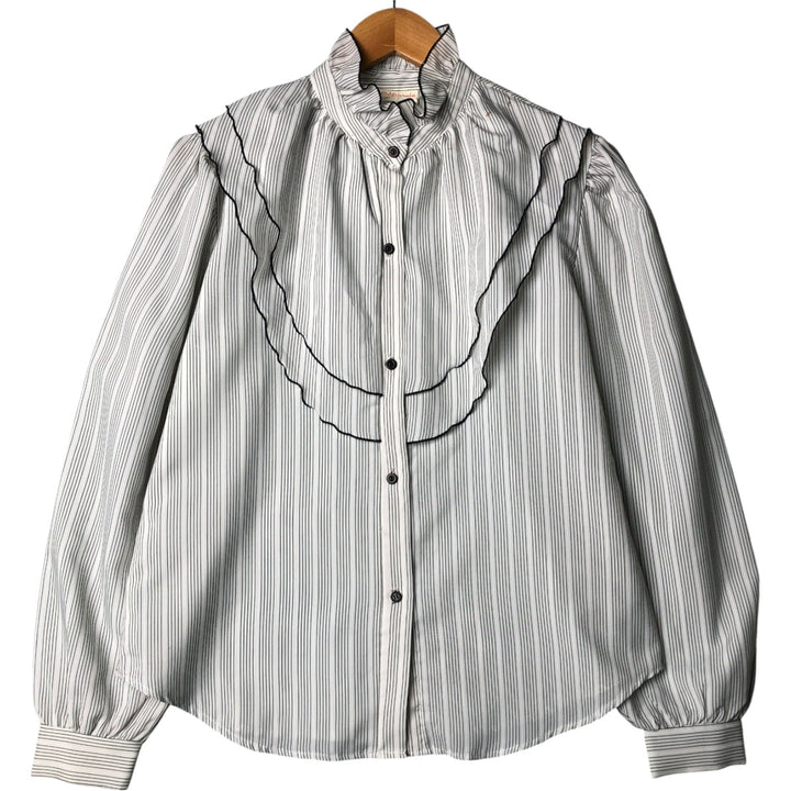 CALIFORNIA Stripe Pattern Stand Collar Yoke Long Sleeve Ruffle Blouse Women's Size Medium unclear gray type Vintage Second Hand
