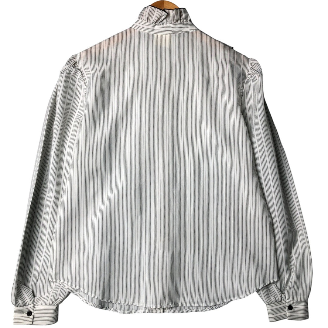 CALIFORNIA Stripe Pattern Stand Collar Yoke Long Sleeve Ruffle Blouse Women's Size Medium unclear gray type Vintage Second Hand